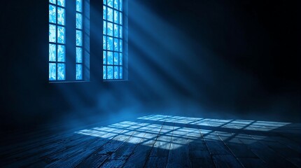 Poster - Dimly Lit Stage with Smoky Deep Blue Backdrop and Window Shadows, Creating Dramatic Setting for Product Display and Mystery