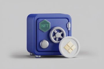 Poster - A blue safe labeled 'NFT' alongside a crypto coin symbolizes secure digital asset storage.