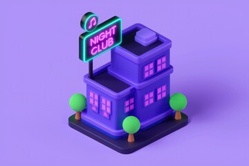 Poster - A 3D model of a vibrant purple nightclub building with neon sign, signifying nightlife entertainment.