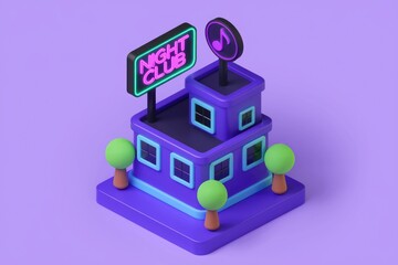 Aufkleber - A stylized 3D model of a nightclub, complete with neon sign and musical note, set against a purple backdrop.