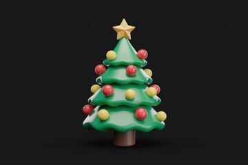 Poster - A stylized 3D Christmas tree adorned with red and yellow ornaments and a golden star.