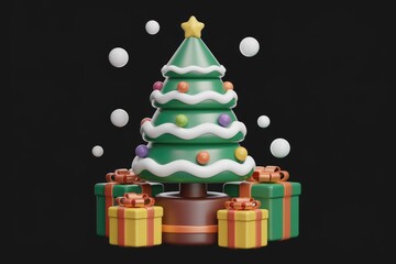 Poster - A 3D-rendered Christmas tree adorned with colorful balls and surrounded by gifts, against a black backdrop.
