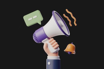 Aufkleber - A 3D hand holds a megaphone, announcing a message with a speech bubble and bell notification.