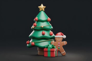 Poster - A stylized 3D Christmas scene featuring a decorated tree, a gingerbread man, and a gift.