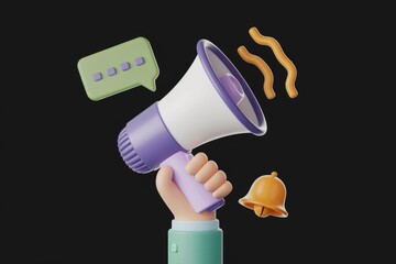 Poster - A 3D hand holds a megaphone, announcing a message with sound waves and a bell.