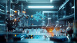 © afrah - A brightly lit futuristic lab with a clean aesthetic, drones organizing molecular structures and rotating holographic projections of chemical compounds