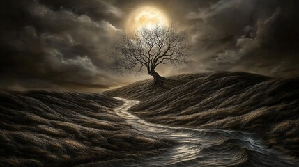 Wall Mural - Lonely Tree Under a Full Moon: A Serene Night Landscape