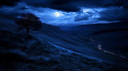 Wall Mural - Solitary Tree Under Moonlight: A Nighttime Landscape in the Valley