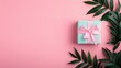 © AI Duke - Valentine's Day Pastel Gift Box with Pink Bow and Tropical Leaves on Pink Background