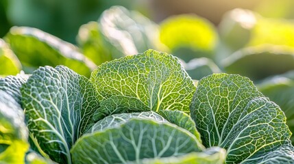 Sunlit cabbage leaves, garden, healthy growth, farm, food production.