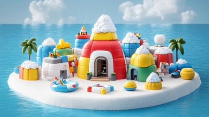 Whimsical Arctic Island Village with Tropical Accents in a Calm Sea
