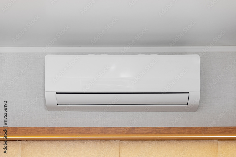 White Air Conditioner Mini Split Unit Mounted at Wall in Room Stock ...