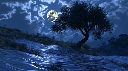 Wall Mural - Serene Nightscape: Moonlight Illuminates a Tranquil River and Lone Tree