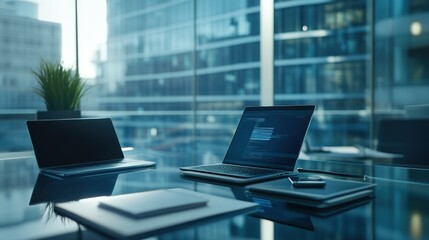 Poster - Modern Office Workspace: Two Laptops on Glass Desk with City View