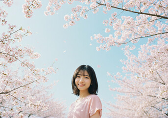 Wall Mural - 桜と女性、春、青空