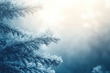 Poster - Moody winter forest backdrop featuring snow-covered branches with soft lighting and copy space for seasonal messaging