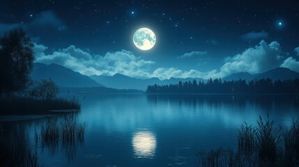  Serene moonlit lake night scene mountains Transparent Background.