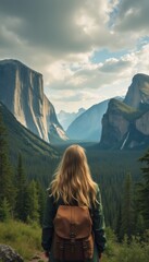 Wall Mural - A young woman with long blonde hair stands in awe, gazing at a breathtaking mountain vista surrounded by lush greenery. The scene captures the spirit of adventure and the beauty of nature, inviting