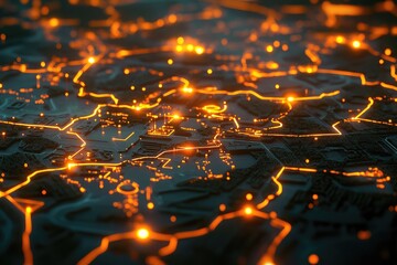 Poster - Network connections glowing across a regional map, showcasing data transfer and communication