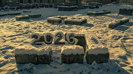 Poster - Snow-covered Numerals Create a Winter Wonderland in a Quiet Park at Sunset