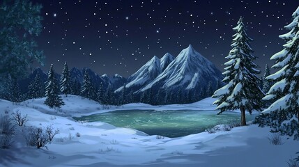 Wall Mural - Serene Winter Night: Snowy Mountains and Frozen Lake Under Starry Sky