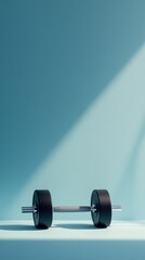 Aufkleber - Black dumbbell is lying on light blue floor against a light blue wall with diagonal shadows creating a minimalist fitness concept