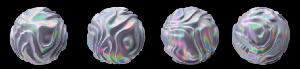 Poster - Set of glitched holographic 3D spheres and blobs with ripples. Bold brightly colored illustrations for parties and art themes.