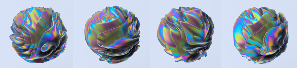 Poster - set of glitched holographic 3d spheres and blobs with ripples. bold brightly colored illustrations f