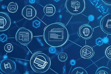 Poster - Policy review and compliance management with visuals of icons for documents, certifications, and organizational procedures