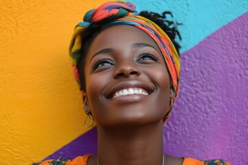 Wall Mural - Portrait of a cheerful individual looking up with a big smile, isolated on a vibrant and colorful background