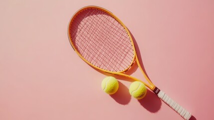 Aufkleber - Yellow tennis racket and two balls casting a shadow on a vibrant pink surface, creating a dynamic composition ideal for sports related themes