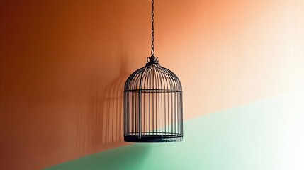 Aufkleber - Minimalist Birdcage Resting With an Open Door Against a Soft Pastel Background Inviting Curiosity