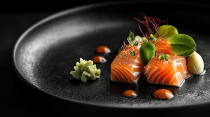 Wall Mural - Vibrant salmon sashimi served on a black plate, with a side of soy sauce, pickled ginger, and delicate green shiso leaves.