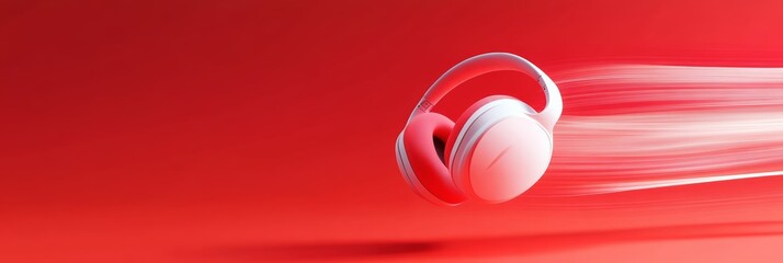 Poster - White and red wireless headphones flying on a red background with white motion trails, representing speed and music enjoyment