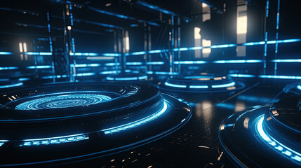 Poster - Technology abstract background with hud styled round interface elements in neon tech light.