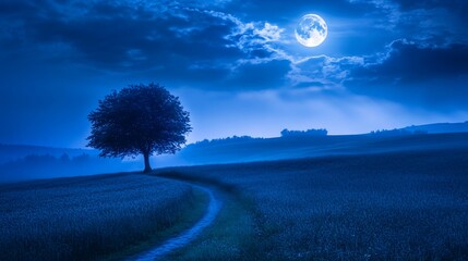 Wall Mural - Solitary Tree Underneath the Mystical Moonlight