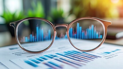 Poster - Eyeglasses focused on financial charts and graphs symbolize data analysis and investment strategy. Use for finance, business, and investment concepts.
