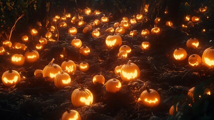 haunted pumpkin patch filled with glowing lanterns and creepy shadows