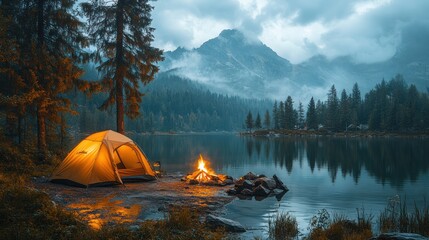 Wall Mural - Illuminated tent & campfire by tranquil lake at dusk, misty mountains backdrop.