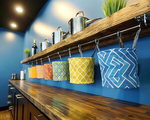 Reuse fabrics for home decor. Colorful fabric buckets hanging on wooden shelf in modern kitchen