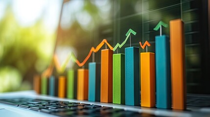 Poster - Colorful bar graph displayed on a laptop showing growth with upward arrows. Ideal for presentations about financial performance, market trends or business success.