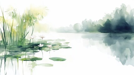 Wall Mural - Serene Water Lily Pond Landscape: A Watercolor Painting