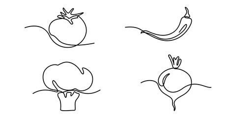 Poster - Continuous one line drawing of set of vegetables. One line drawing illustration of set of ripe vegetables. World vegetarian day, It represents a healthy lifestyle with fresh, local vegetables pro. 