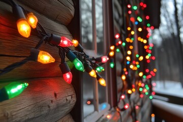 Poster - Rustic Christmas lights decorating a wooden surface, evoking warmth and nostalgia.
