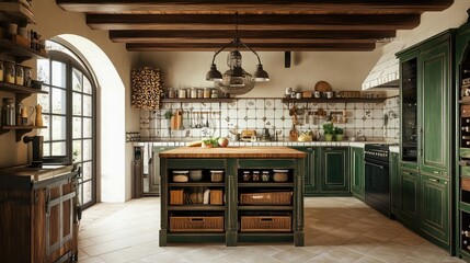 Poster - Rustic country kitchen with green and beige tones, 3D render. White tiles, wooden island, and ceiling wood logs for a cozy feel. Perfect countryside-inspired home interior design.