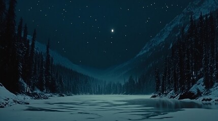 Wall Mural - Enchanted Winter Night: A Serene Frozen Lake Underneath a Starlit Sky