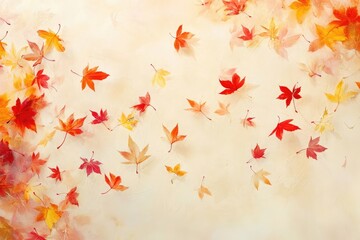 Poster - Scattered red and yellow maple leaves on a light background, showcasing the beauty of autumn's natural palette