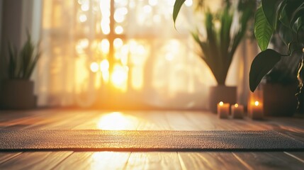 Poster - Yoga mat is placed on wooden floor in home interior with candles and plants at sunset, creating a peaceful atmosphere for meditation or relaxation