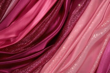 Poster - Luxurious draped satin background in burgundy and pink tones. Features silky folds and glitter accents for a festive and romantic design.