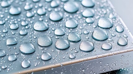 Poster - Water Droplets on a Smooth Metallic Surface Highlighting Reflections and Textures in Close-Up Photography